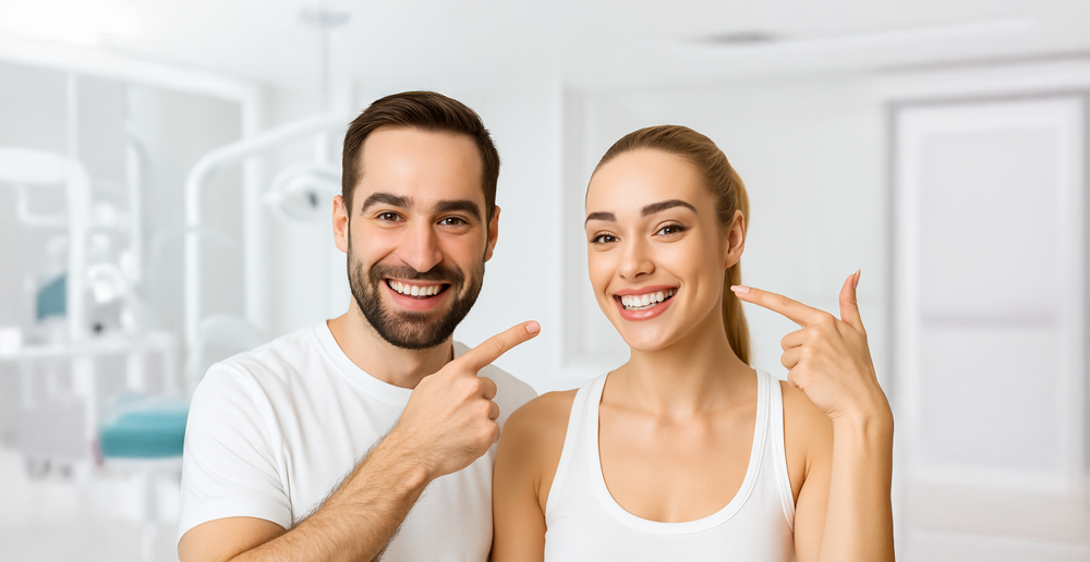 Dos personas sonriendo en un entorno de atención dental