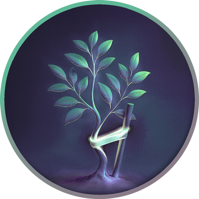 Ilustración del área de Traumatología: árbol con soporte ortopédico